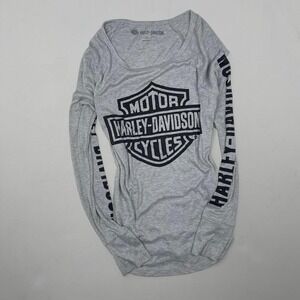 Y2K Harley Davidson Henley Long Sleeve Tee in Grey Biker Women's Small Grunge